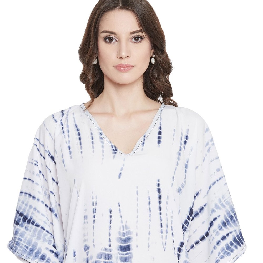 Women White & Blue Polyester Caftan Maxi Dress Stylish Mumu Cover Up Dresses - Picture 8 of 10